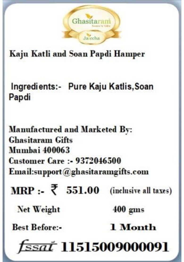 Ghasitaram Gifts Kaju Katli and Soan Papdi Hamper|Sweets|Sweets Gift Pack|Diwali Sweets|Indian Mithai|Diwali Sweets Box|Sweets Box