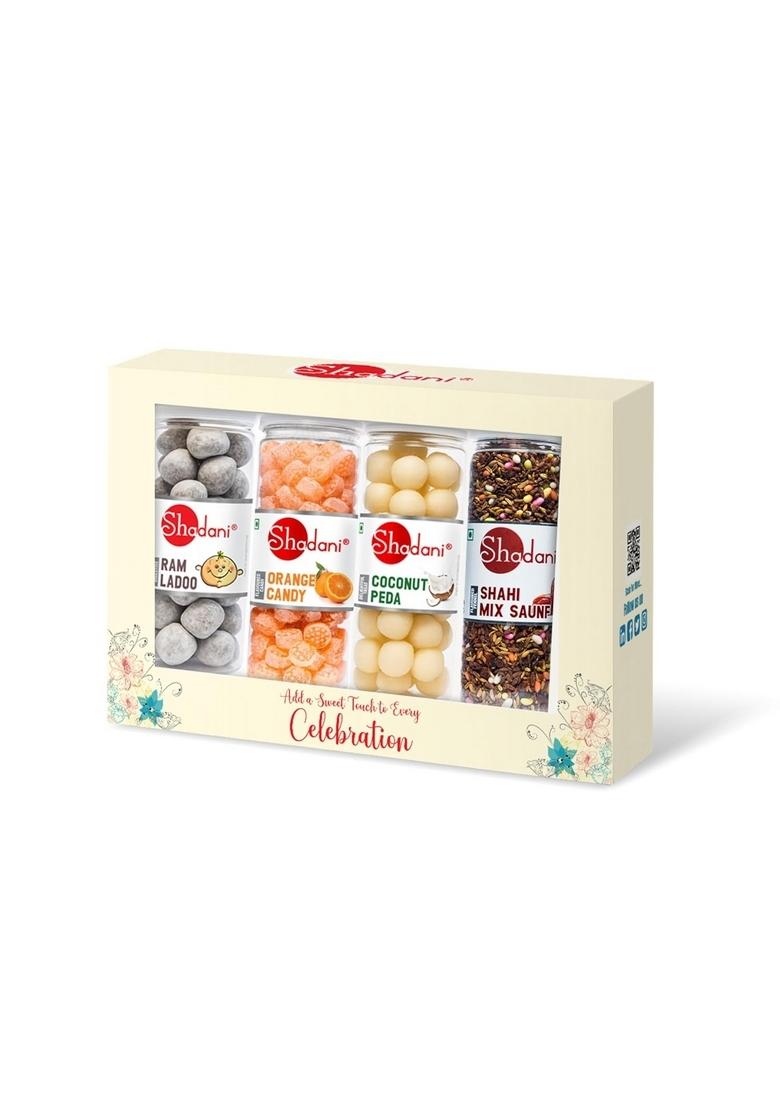 Shadani Festival Hamper Premium Gift Box with 4 Big Cans | Ram Ladoo, Orange Candy, Coconut Peda, Shahi Mix Saunf Perfect for Diwali Gifting, Corporate Gifts, Sweet Hampers, Family & Festive Celebrations
