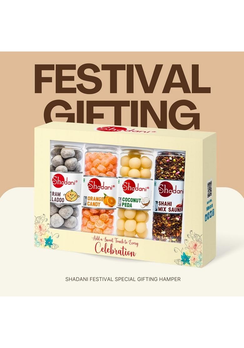 Shadani Festival Hamper Premium Gift Box with 4 Big Cans | Ram Ladoo, Orange Candy, Coconut Peda, Shahi Mix Saunf Perfect for Diwali Gifting, Corporate Gifts, Sweet Hampers, Family & Festive Celebrations
