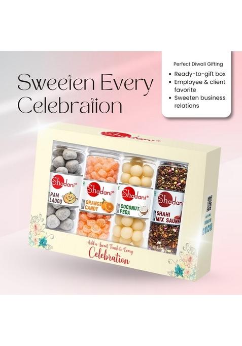Shadani Festival Hamper Premium Gift Box with 4 Big Cans | Ram Ladoo, Orange Candy, Coconut Peda, Shahi Mix Saunf Perfect for Diwali Gifting, Corporate Gifts, Sweet Hampers, Family & Festive Celebrations