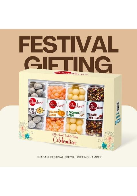 Shadani Festival Hamper Premium Gift Box with 4 Big Cans | Ram Ladoo, Orange Candy, Coconut Peda, Shahi Mix Saunf Perfect for Diwali Gifting, Corporate Gifts, Sweet Hampers, Family & Festive Celebrations
