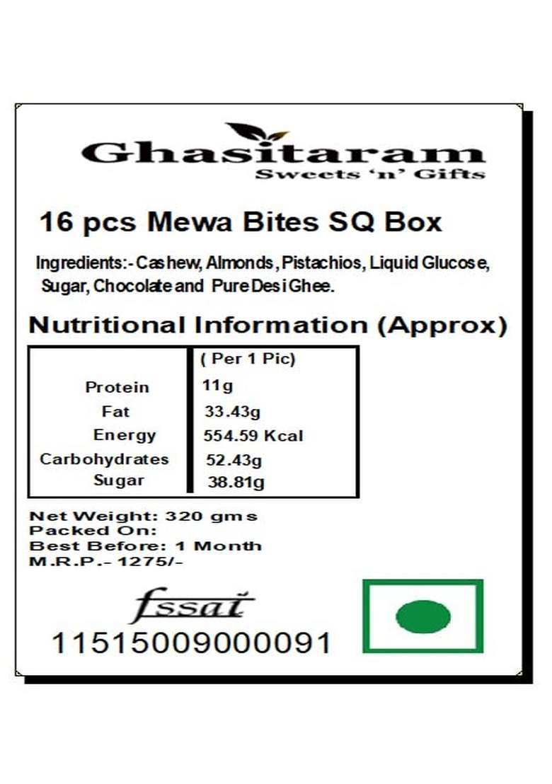 Ghasitaram Gifts 16 pcs MEWA Bites SQ Box|Sugar Free Sweets|Diabetic Friendly|Diwali Sugar Sweets Box - Indya