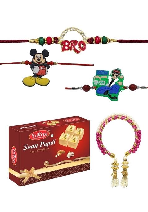 Yuvraj couple rakhi & 2 kid (Bro, kangan) sweets soan papdi 200 gm box with roli chawal pack