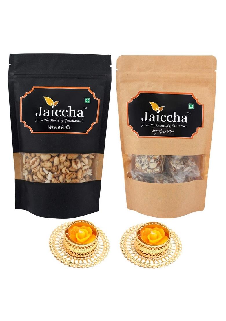 Ghasitaram Gifts Sugarfree Dates and Figs Bites Wheat Puffs Pouch with 2 T-Lites|Sugar Free Sweets|Diabetic Friendly|Diwali Sugar Sweets Box