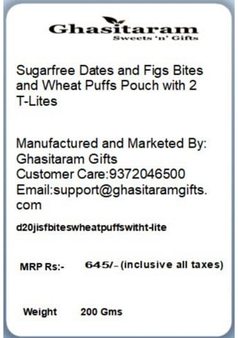 Ghasitaram Gifts Sugarfree Dates and Figs Bites Wheat Puffs Pouch with 2 T-Lites|Sugar Free Sweets|Diabetic Friendly|Diwali Sugar Sweets Box