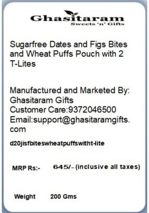 Ghasitaram Gifts Sugarfree Dates and Figs Bites Wheat Puffs Pouch with 2 T-Lites|Sugar Free Sweets|Diabetic Friendly|Diwali Sugar Sweets Box