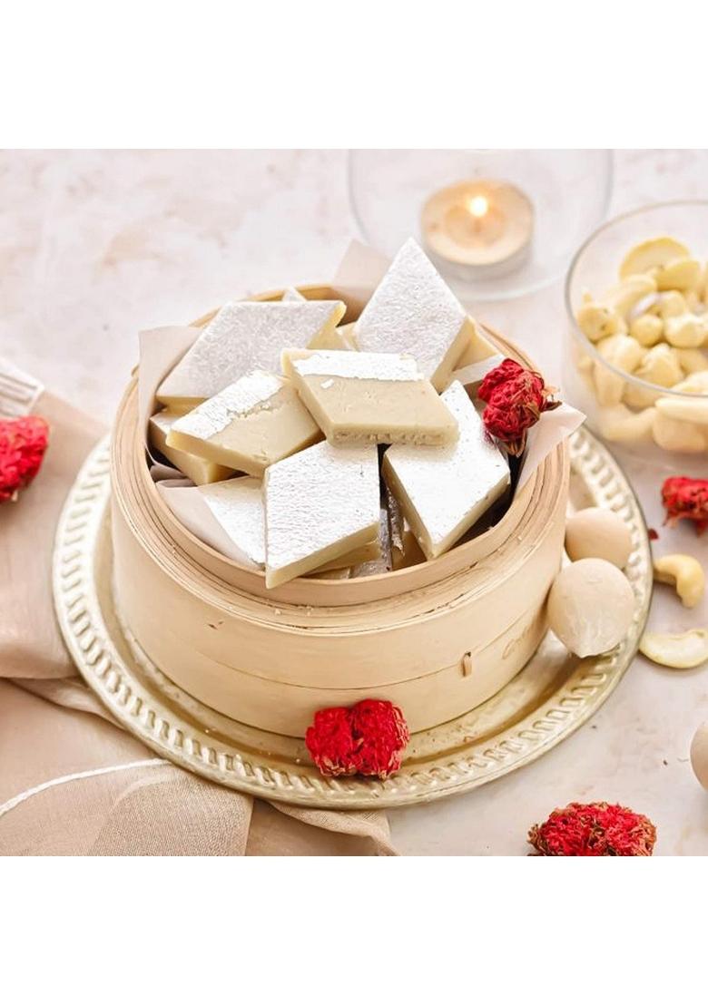 Dessert Drama Diwali Special Healthy and Delicious Cashew Sweet/Kaju Katli (400 Gram) Sweet Box with 2 Diya Traditional Indian Mithai