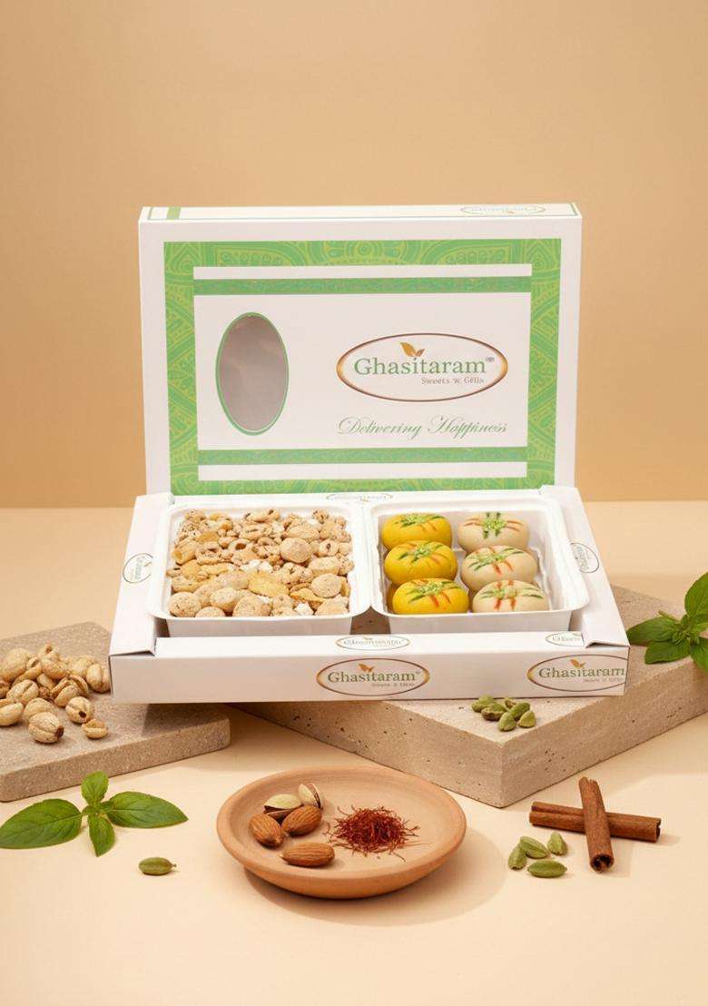Ghasitaram Gifts - Multigrain Mix Namkeen with Sugarfree Mawa Peda Hamper|Sugar Free Sweets|Diabetic Friendly|Diwali Sugar Sweets Box - Indya