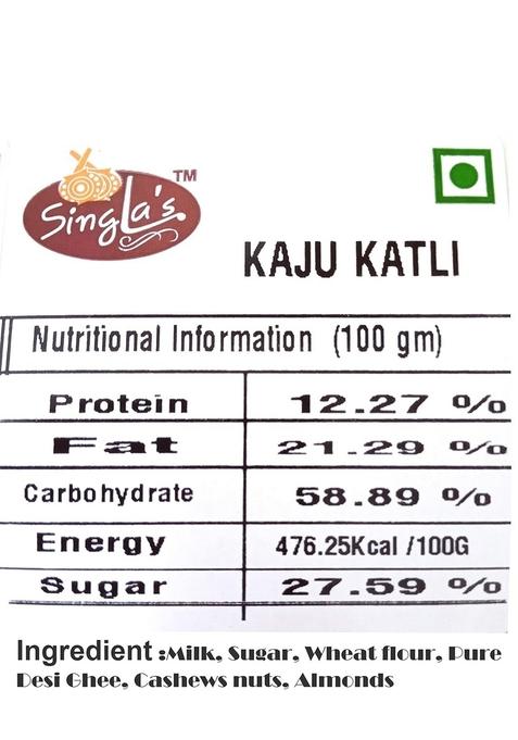 Singla Sweets Kaju Burfi Katli 500g Witout Silver Coating