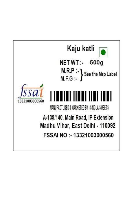 Singla Sweets Kaju Burfi Katli 500g Witout Silver Coating