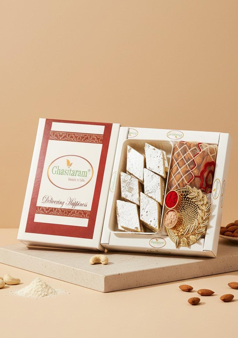Ghasitaram Gifts Kaju Katli, Pooja Thali and Almonds Pouch|Sweets|Sweets Gift Pack|Diwali Sweets|Indian Mithai|Diwali Sweets Box