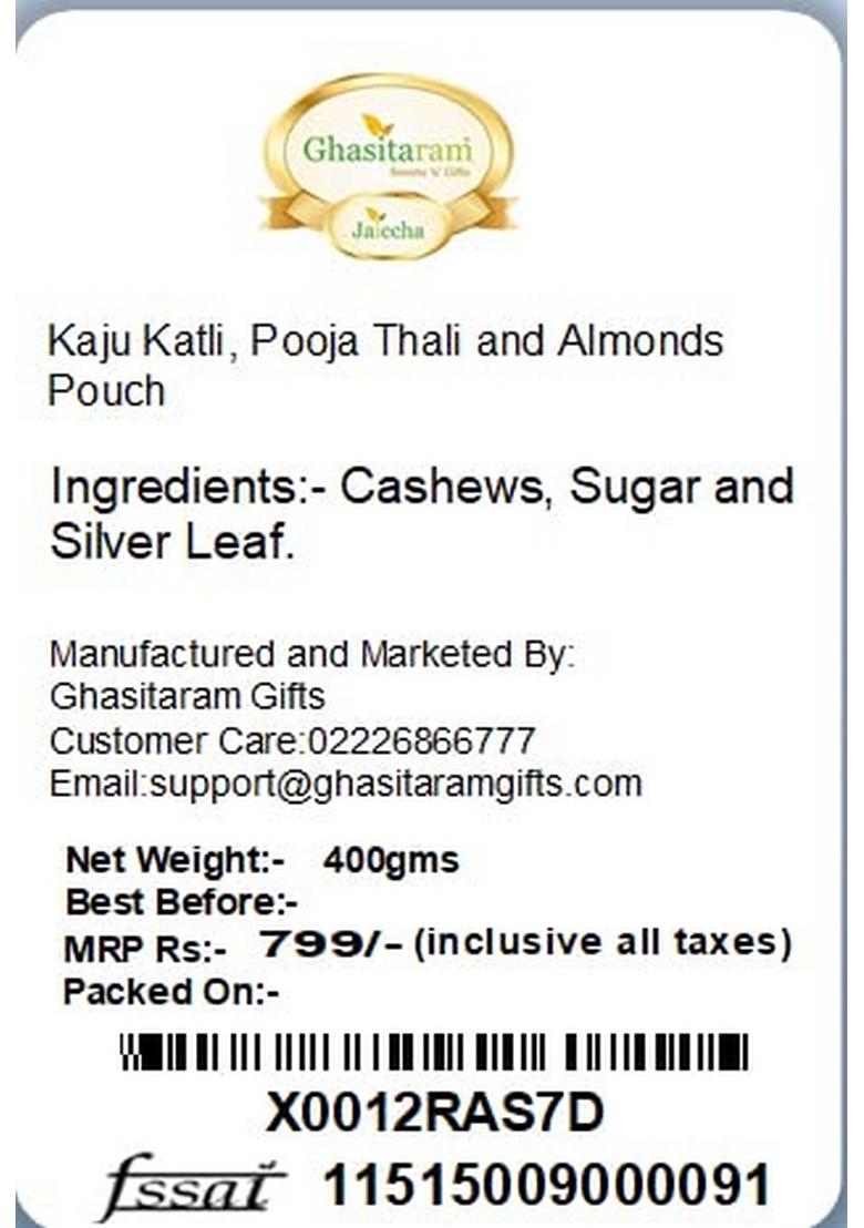 Ghasitaram Gifts Kaju Katli, Pooja Thali and Almonds Pouch|Sweets|Sweets Gift Pack|Diwali Sweets|Indian Mithai|Diwali Sweets Box