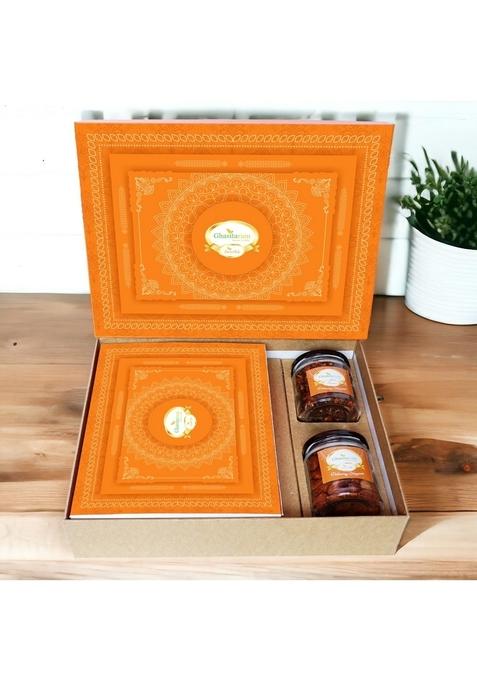 Ghasitaram Gifts Holi Sweets/Holi Hampers/Thandai Orange Hamper Box with Gujiyas, Flavour and Mixed Nuts Jars|Gift Hamper| Diwali Gift Hamper|Food Hampers|Gourmet Hampers|