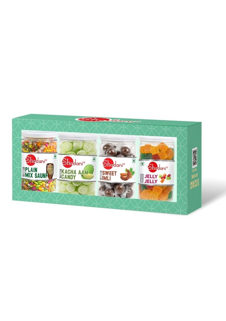 Shadani Corporate Gift Hamper Assorted Mouth Freshener & Candy | 4 Small Cans: Plain Mix Saunf, Kacha Aam Candy, Sweet Imli, Jelly Diwali, Office, Employee, Custom Gifting,