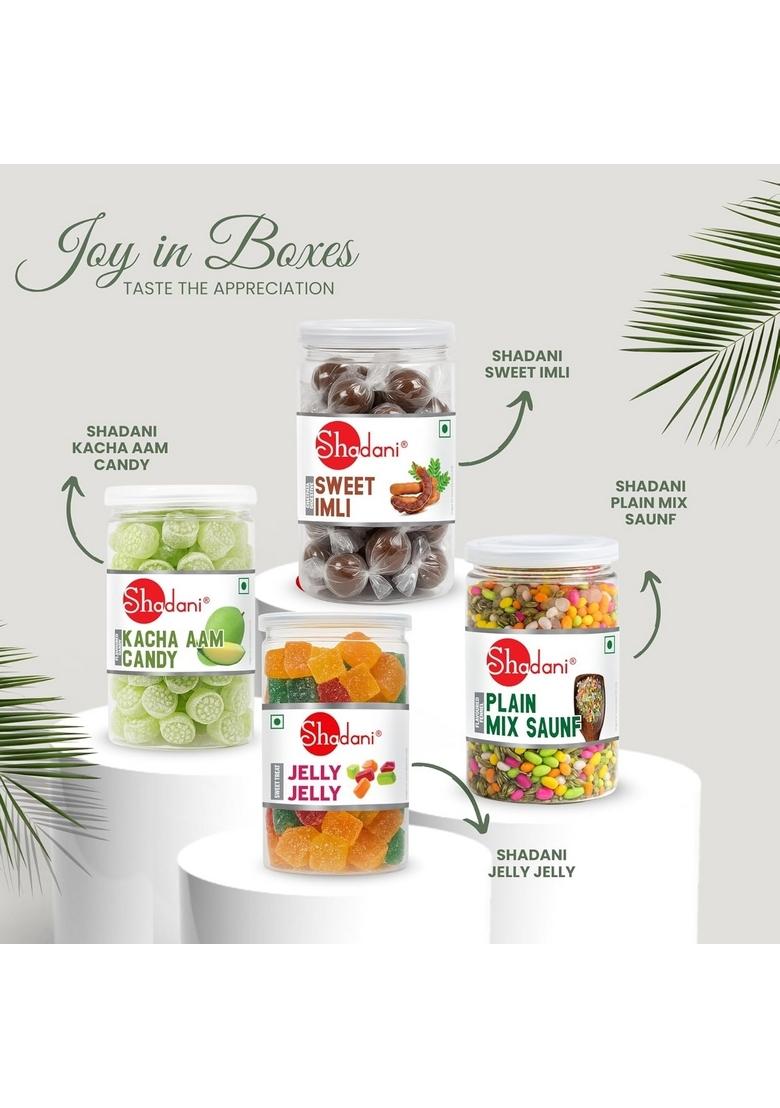 Shadani Corporate Gift Hamper Assorted Mouth Freshener & Candy | 4 Small Cans: Plain Mix Saunf, Kacha Aam Candy, Sweet Imli, Jelly Diwali, Office, Employee, Custom Gifting,