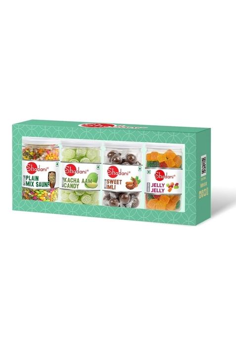 Shadani Corporate Gift Hamper Assorted Mouth Freshener & Candy | 4 Small Cans: Plain Mix Saunf, Kacha Aam Candy, Sweet Imli, Jelly Diwali, Office, Employee, Custom Gifting,