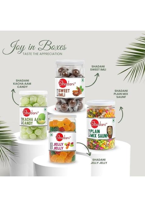 Shadani Corporate Gift Hamper Assorted Mouth Freshener & Candy | 4 Small Cans: Plain Mix Saunf, Kacha Aam Candy, Sweet Imli, Jelly Diwali, Office, Employee, Custom Gifting,