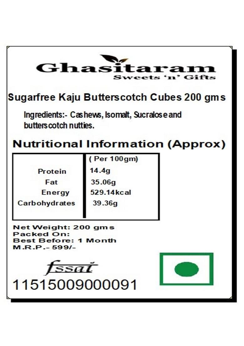 Ghasitaram Gifts Sweets Sugarfree Kaju Butterscotch Cubes 200 GMS|Sugar Free Sweets|Diabetic Friendly|Diwali Sugar Box