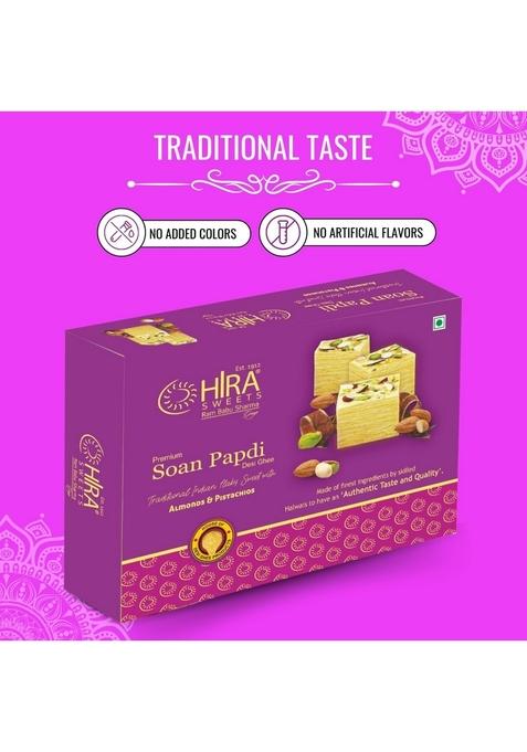 HIRA SWEETS Soan Papdi 500g | Crispy & Flaky Instant Indian Sweet Made with Fresh Almonds Pistachio Traditional Mithai Box for Festivities