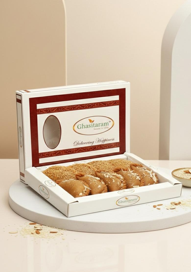 Ghasitaram Gifts Holi Sweets/ Gift/ Hampers/ Roasted Til/Sesame and Traditional Desi Ghee Gujiyas Box |Sweets Gift Pack|Diwali Sweets|Indian Mithai|Diwali Sweets Box|Sweets