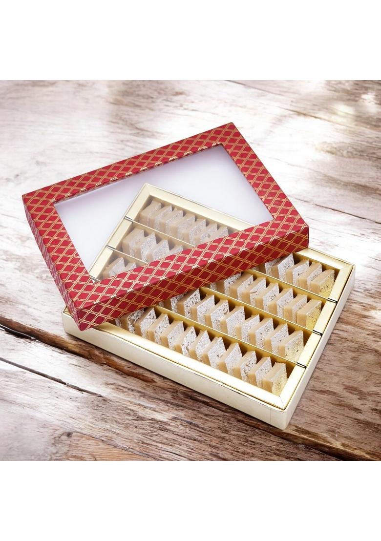 Ghasitaram Gifts Red Box of Mini Kaju Katlis|Sweet|Sweet Gift Pack|Diwali Mithai|Indian Mithai|Diwali Box|