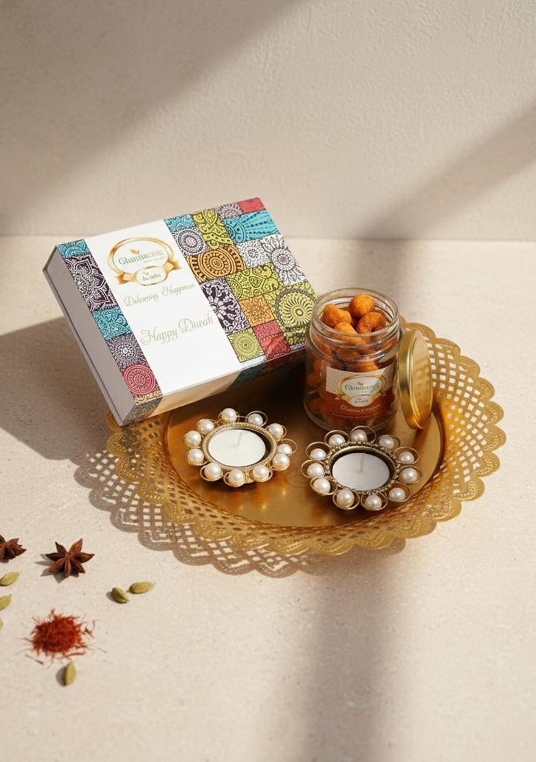 Ghasitaram Gifts Express Delivery Golden thali with2 T-Lites,Crunchy Cashews jar & Assorted Bites Box|Sweets|Sweets Gift Pack|Diwali Sweets|Indian Mithai|Diwali Sweets Box
