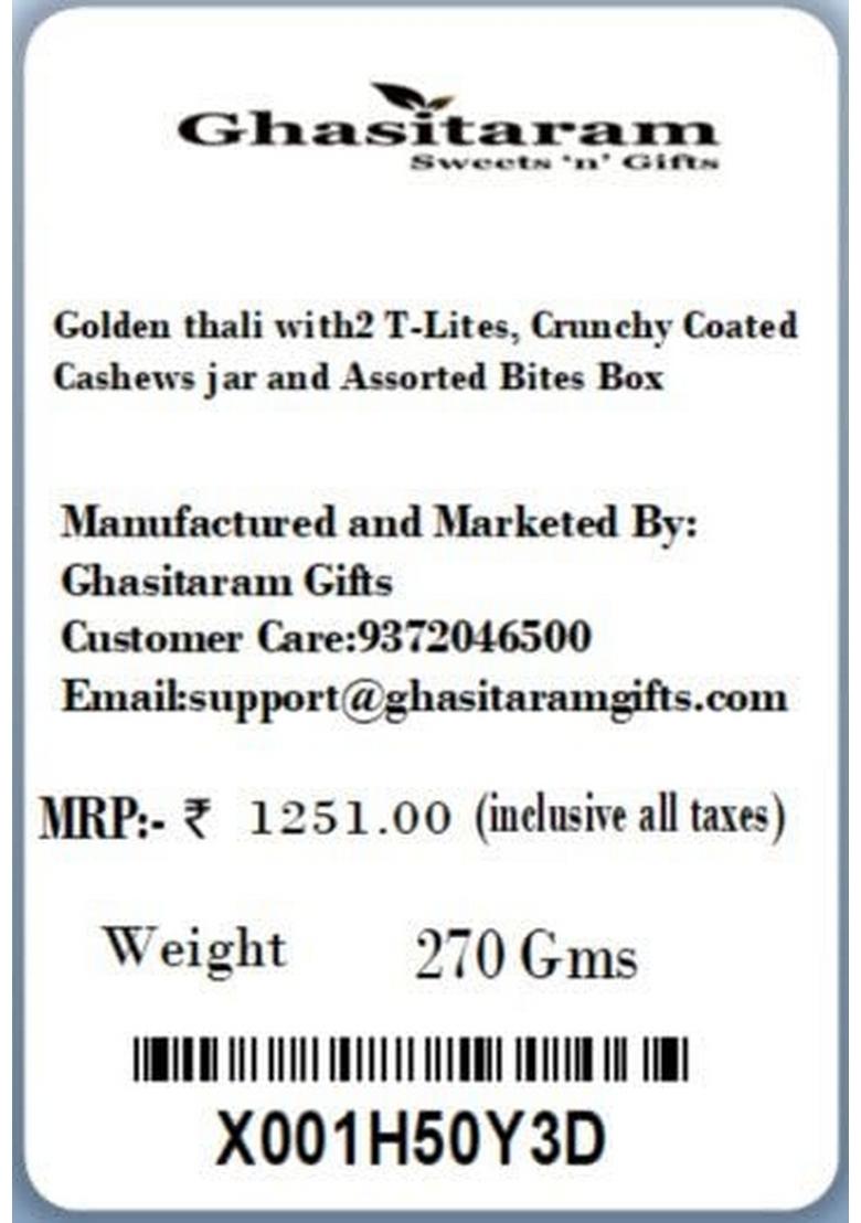 Ghasitaram Gifts Express Delivery Golden thali with2 T-Lites,Crunchy Cashews jar & Assorted Bites Box|Sweets|Sweets Gift Pack|Diwali Sweets|Indian Mithai|Diwali Sweets Box