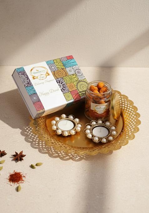 Ghasitaram Gifts Express Delivery Golden thali with2 T-Lites,Crunchy Cashews jar & Assorted Bites Box|Sweets|Sweets Gift Pack|Diwali Sweets|Indian Mithai|Diwali Sweets Box