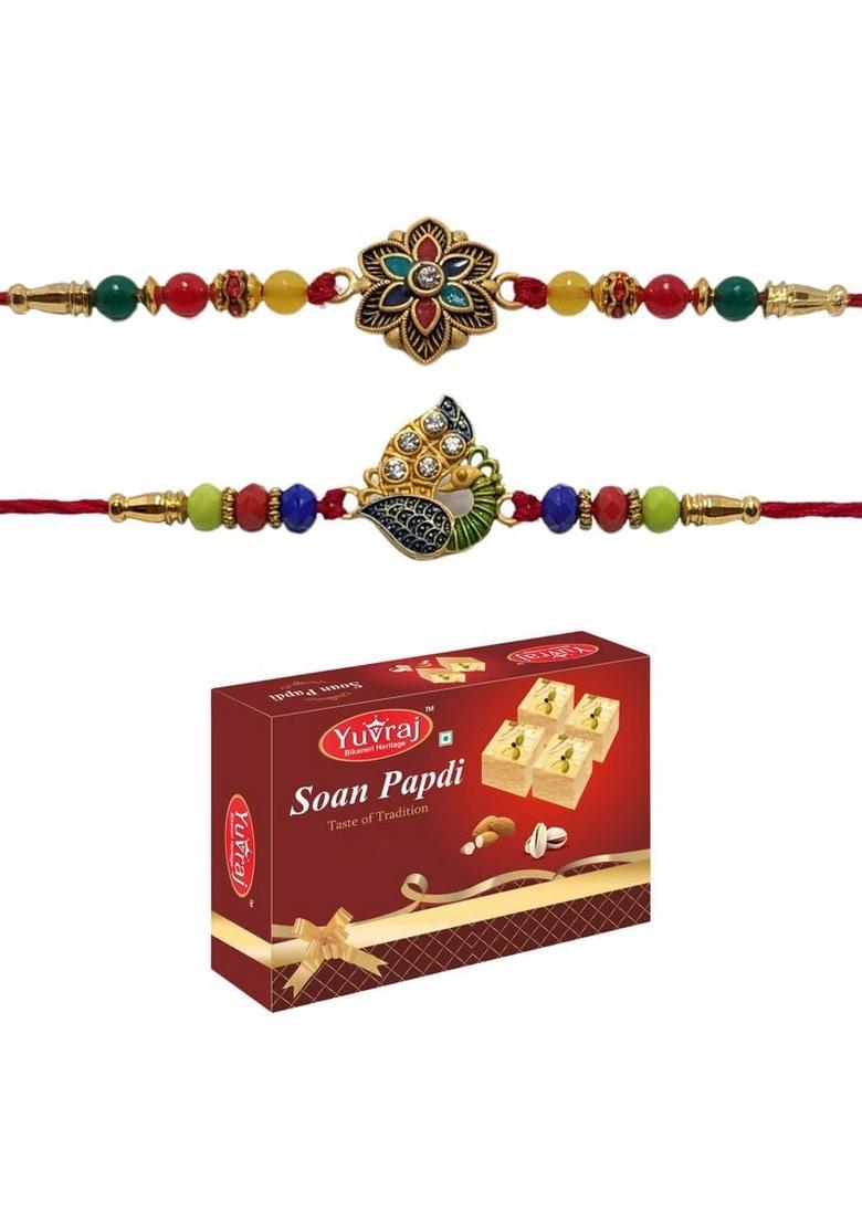Yuvraj rakhi gift for brother (multicolors) & sweets soan papdi 400 gm box with roli chawal pack