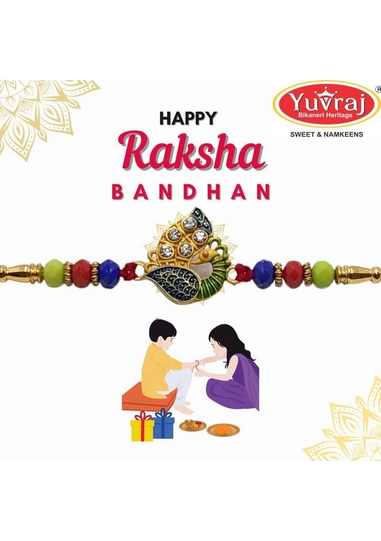 Yuvraj rakhi gift for brother (multicolors) & sweets soan papdi 400 gm box with roli chawal pack