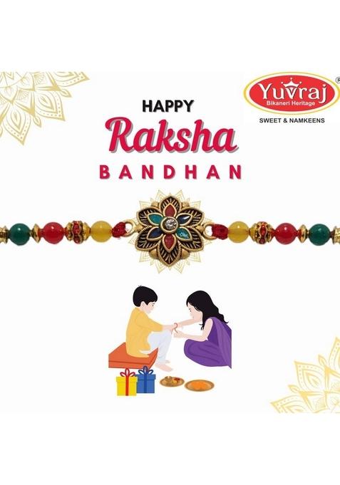 Yuvraj rakhi gift for brother (multicolors) & sweets soan papdi 400 gm box with roli chawal pack
