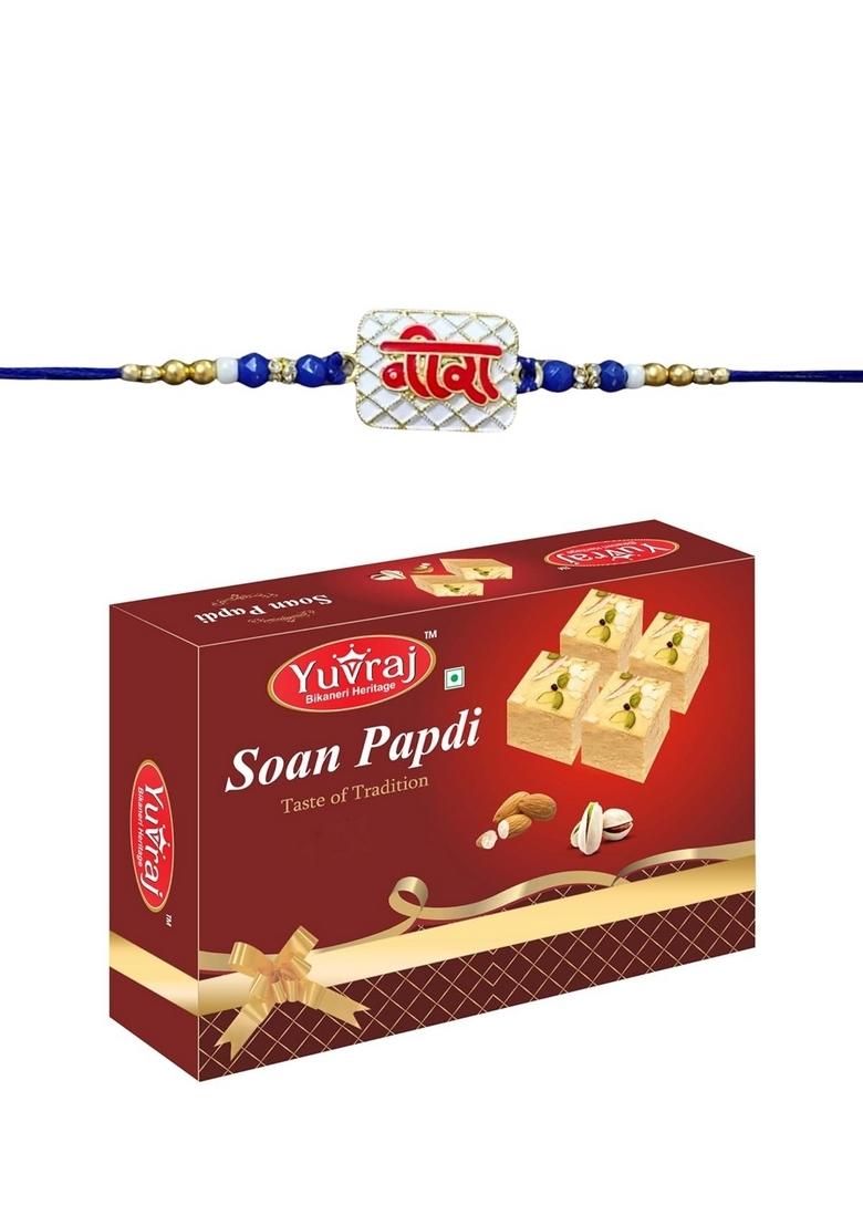 Yuvraj Veera design rakhi for brother & sweets soan papdi 200 gm box with roli chawal pack
