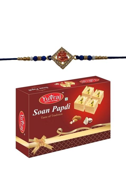Yuvraj Ganpati design rakhi for brother & sweets soan papdi 200 gm box with roli chawal pack