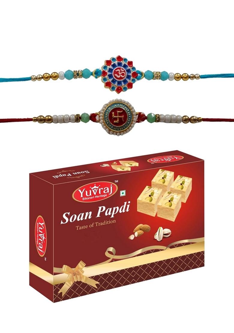 Yuvraj 2 rakhi set for brother (om & swastik) sweets soan papdi 200 gm box with roli chawal pack