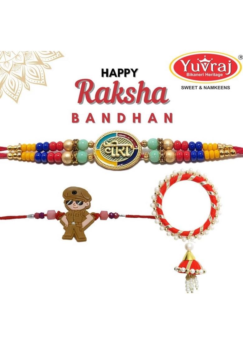 Yuvraj multi colors flower rakhi for brother & sweets soan papdi 400 gm box with roli chawal pack