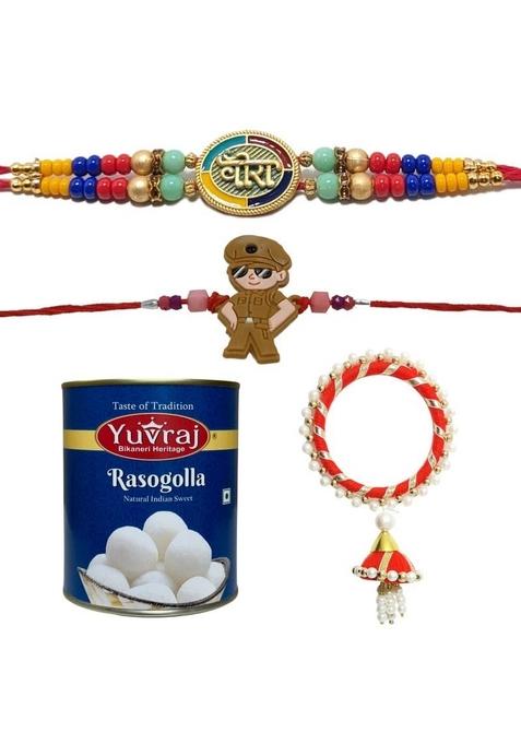Yuvraj multi colors flower rakhi for brother & sweets soan papdi 400 gm box with roli chawal pack