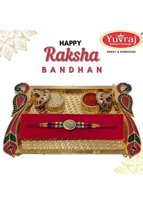 Yuvraj multi colors flower rakhi for brother & sweets soan papdi 400 gm box with roli chawal pack