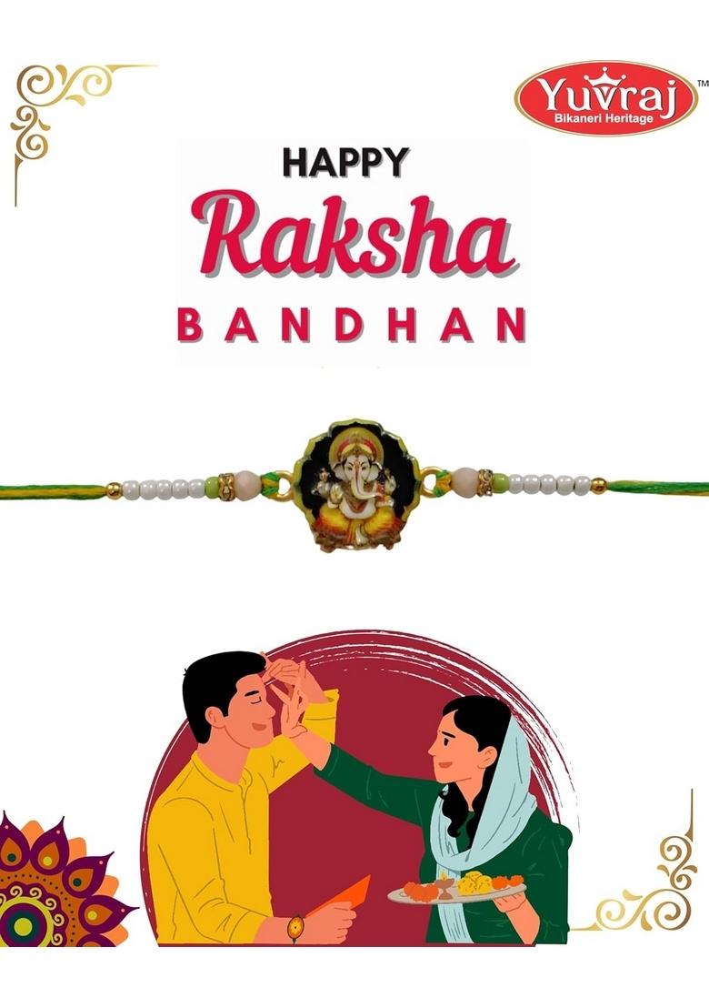 Yuvraj Ganesha design rakhi for brother & sweets soan papdi 200 gm box with roli chawal pack