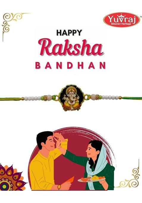 Yuvraj Ganesha design rakhi for brother & sweets orange soan papdi 200 gm box with roli chawal pack