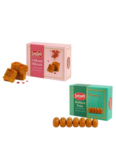 LOKNATH SWEETS Premium Assorted Indian Mithai Traditional Desi Gift Pack Fresh & Authentic of 2 Combo (Gulkandmiklcae+Mathuraped)