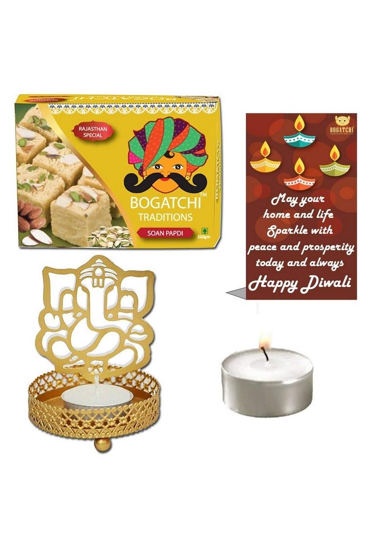 BOGATCHI Diwali Sweets Gift Box, Soan Papdi, 200g, Free 2 Designer Ganesha Diya with Tea Light and Card