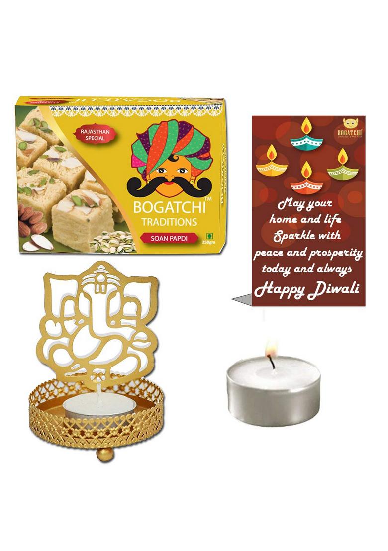BOGATCHI Diwali Sweets Gift Box, Soan Papdi, 200g, Free 2 Designer Ganesha Diya with Tea Light and Card