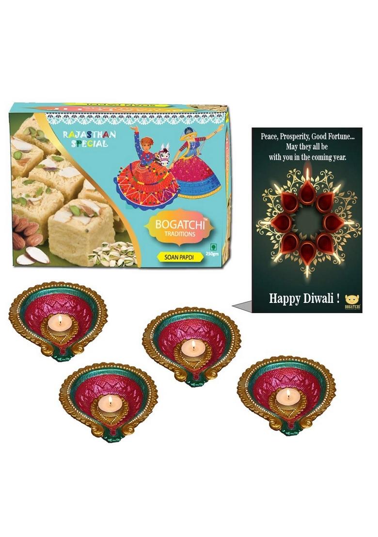 BOGATCHI Diwali Sweets Gift Box, Soan Papdi, 200g, Free 4 Designer Diya with Card