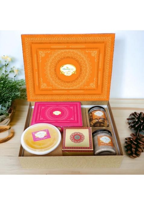 Ghasitaram Gifts Holi Sweets/Holi Hampers/Thandai Orange Hamper Box with Gujiyas, Thandai, Bhakarwadi, and Ghevar|Gift Hamper| Diwali Gift Hamper|Food Hampers|Gourmet Hampers|