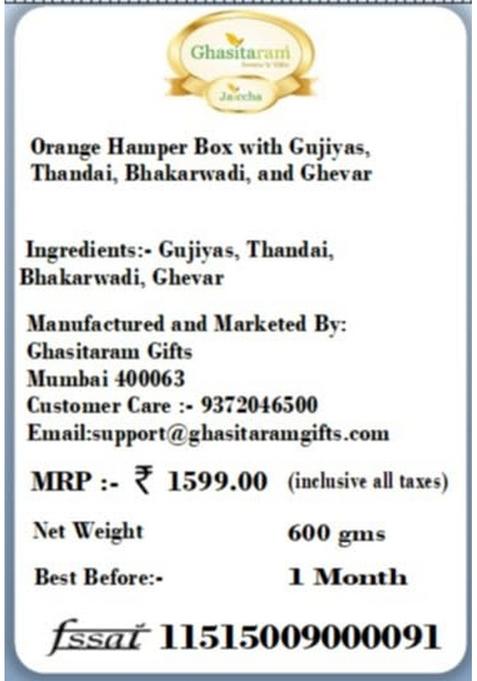 Ghasitaram Gifts Holi Sweets/Holi Hampers/Thandai Orange Hamper Box with Gujiyas, Thandai, Bhakarwadi, and Ghevar|Gift Hamper| Diwali Gift Hamper|Food Hampers|Gourmet Hampers|