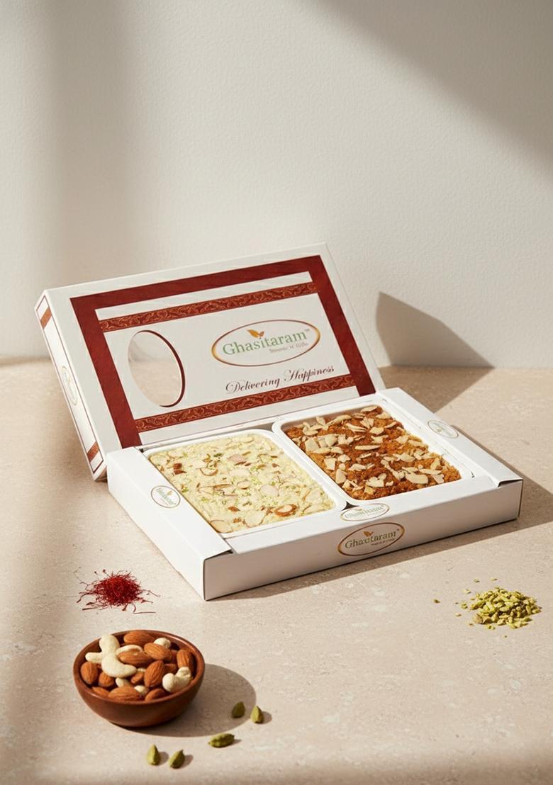 Ghasitaram Gifts Milk Cake and Soan Papdi Hamper|Sweets|Sweets Gift Pack|Diwali Sweets|Indian Mithai|Diwali Sweets Box|Sweets Box