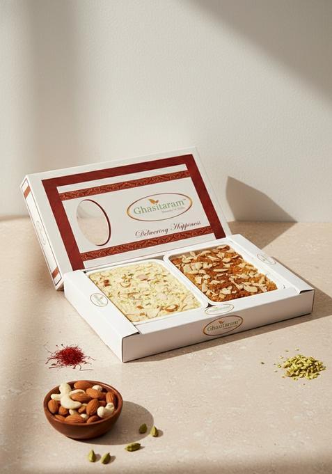 Ghasitaram Gifts Milk Cake and Soan Papdi Hamper|Sweets|Sweets Gift Pack|Diwali Sweets|Indian Mithai|Diwali Sweets Box|Sweets Box