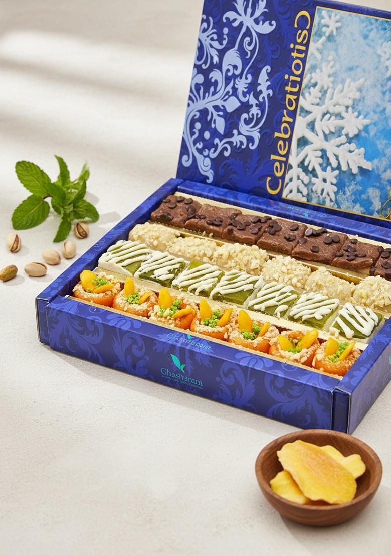 Ghasitaram Gifts Assorted Box of Kaju Chocolate Barfi,Mango Bite,Kaju roll & Orange Delight 800 GMS |Sweets|Sweets Gift Pack|Diwali Sweets|Indian Mithai|Diwali Sweets Box|Sweets