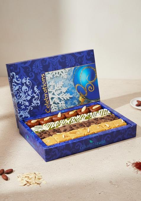 Ghasitaram Gifts Assorted Box of Kaju Chocolate Barfi,Mango Bite, Mathura Diya and Besan Barfi 800 GMS |Sweets|Sweets Gift Pack|Diwali Sweets|Indian Mithai|Diwali Sweets Box|Sweets