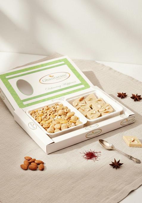 Ghasitaram Gifts Multigrain Mix Namkeen with Sugarfree Kaju Katli Hamper|Sugar Free Sweets|Diabetic Friendly|Diwali Sugar Sweets Box